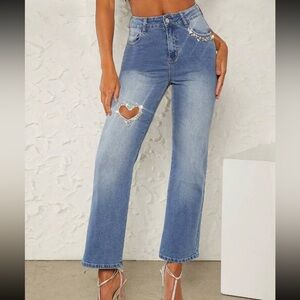 Heart Cut Out Rhinestone Jeans